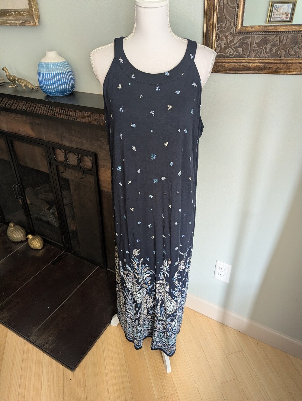 J.Jill Women's Large Paisley Floral Sleeveless Maxi Dress Navy Blue Jersey Knit